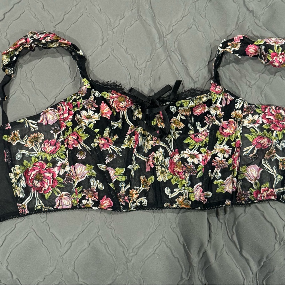 Victoria's Secret Black and Pink Floral Balconette Bra